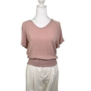 Paper Crane Blouse Women‎ Large L Flowy Elastic Waist Boho Prairie Blush Pink